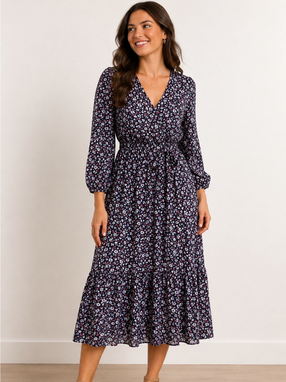 Madewell Navy Floral Midi Dress Size Small - Picture 1 of 7